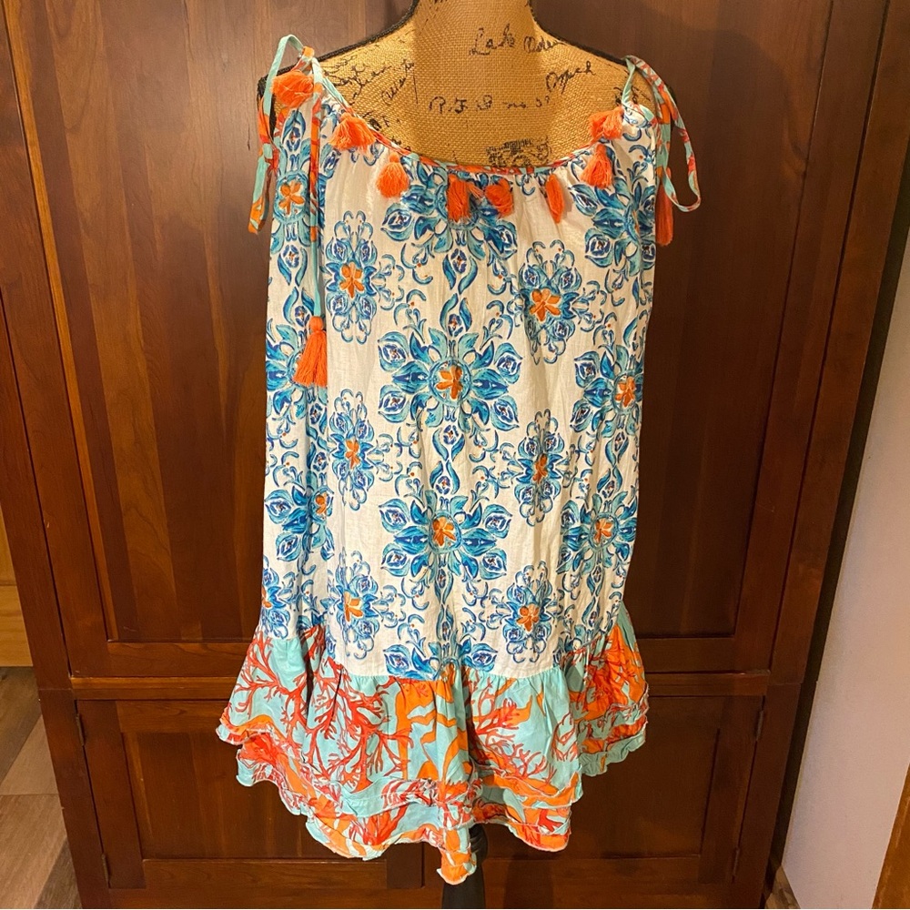 Moda Posa Women’s Sundress Med Blue Orange Coral Medallion Tassel Tie Shoulder